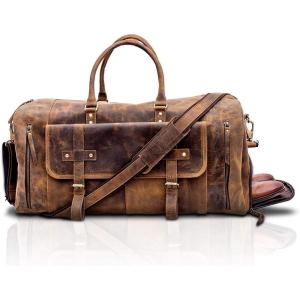 imageKomalC 24 Inch Leather Duffel Bags for Men and Women Travel Overnight Weekend Leather Bags Sports Gym Duffle for Men Brown Distressed TanBrown Tan With Shoe Pocket