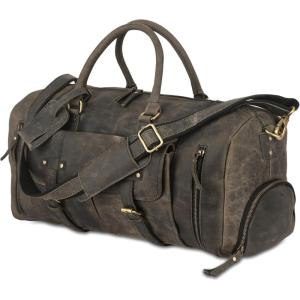 imageKomalC 24 Inch Leather Duffel Bags for Men and Women Travel Overnight Weekend Leather Bags Sports Gym Duffle for Men Brown Distressed TanCharcoal Black With Shoe Pocket