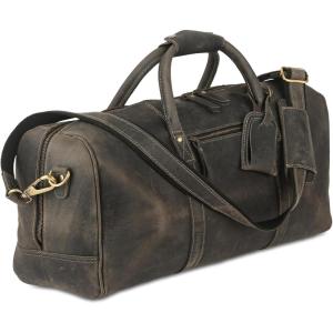 imageKomalC 24 Inch Leather Duffel Bags for Men and Women Travel Overnight Weekend Leather Bags Sports Gym Duffle for Men Brown Distressed TanCharcoal Black