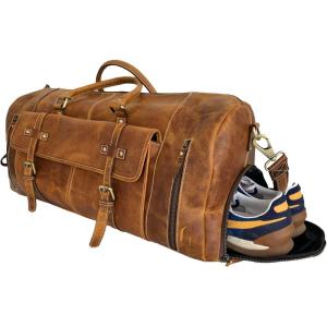 imageKomalC Duffel Bags for Men and Women Full Grain Leather Travel Overnight Weekend Bags Sports Gym Duffel 20 InchDistressed Tan