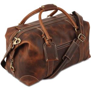 imageKomalC Leather Duffel Bags for Men and Women Full Grain Leather Travel Overnight Weekend Leather Bags Sports Gym Duffel for Men Dark Tan