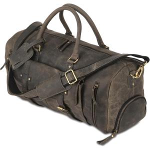 imageKomalC Leather Travel Duffel Bags for Men and Women Full Grain Leather Overnight Weekend Leather Bags Sports Gym DuffleCharcoal Black With Shoe Pocket