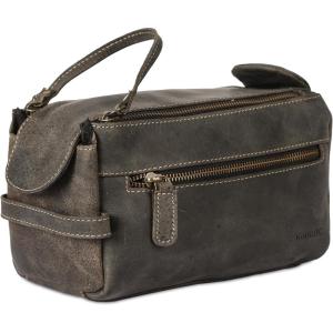 imageKomalC Premium Buffalo Leather Toiletry Bag for Men ampamp Women  Leather Dopp Kit With Water resistant Lining Premium Toiletry Travel Pouch Unisex Wash Bag for Toiletries Gifts for Men and WomenCharcoal Black