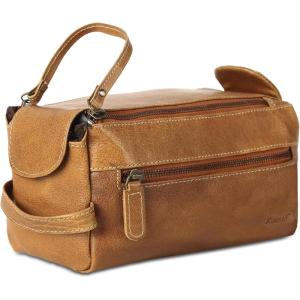 imageKomalC Premium Buffalo Leather Toiletry Bag for Men ampamp Women  Leather Dopp Kit With Water resistant Lining Premium Toiletry Travel Pouch Unisex Wash Bag for Toiletries Gifts for Men and WomenDistressed Yellow Tan